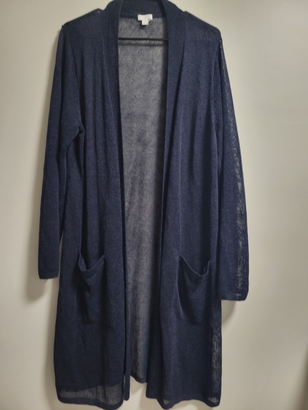 J. Jill Navy Long Open-Front Cardigan Duster with Pockets Linen Blend Size L